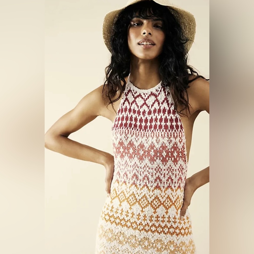 NWOT Free People Ikat Oasis Maxi Dress Halter Crochet Print Knit Backless Ivory - Picture 5 of 12